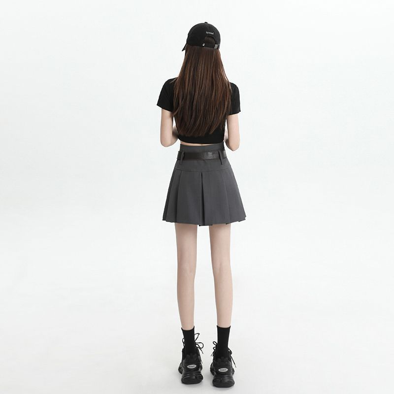 Pleated Mini Skirt with Belt - High Waist Set