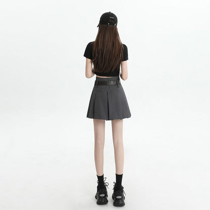 Pleated Mini Skirt with Belt - High Waist Set