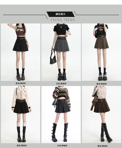 Pleated Mini Skirt with Belt - High Waist Set