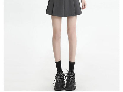 Pleated Mini Skirt with Belt - High Waist Set