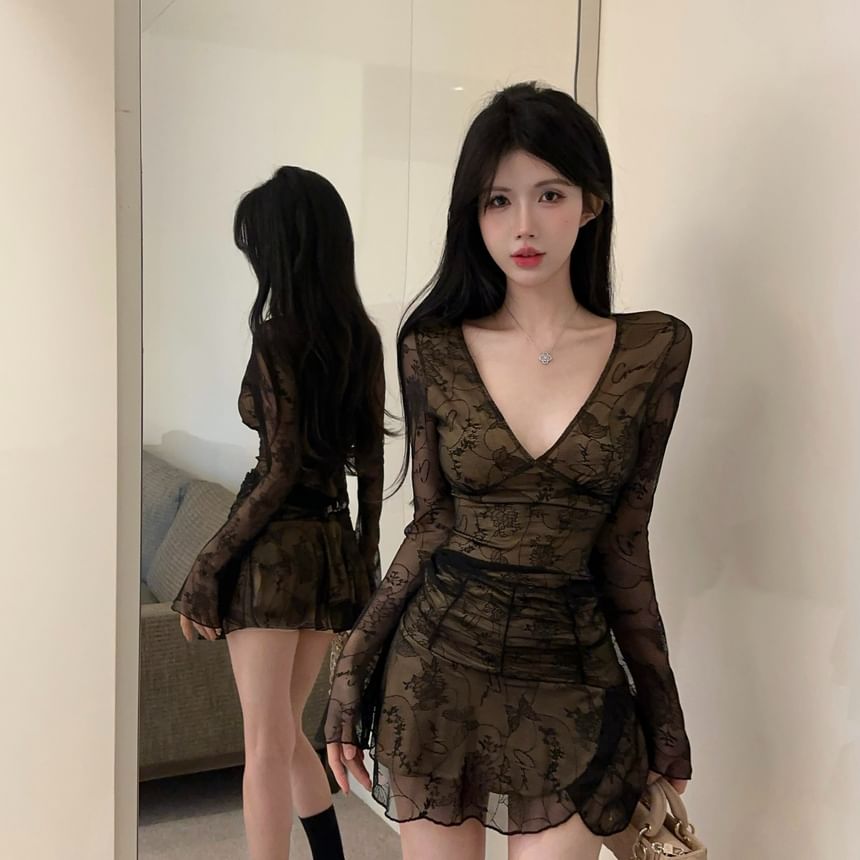 V-Neck Lace Top with Pencil Skirt