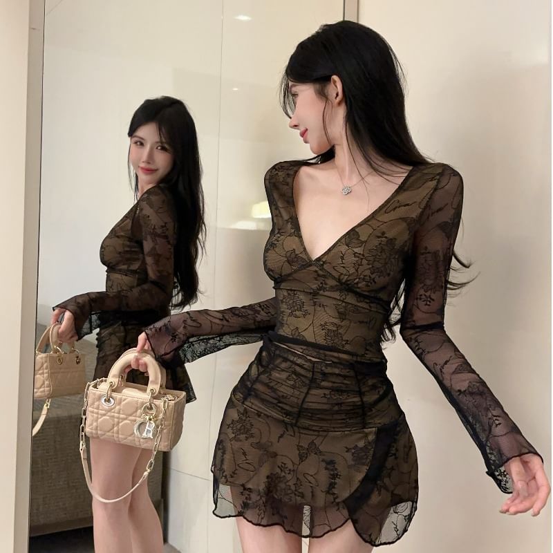 V-Neck Lace Top with Pencil Skirt