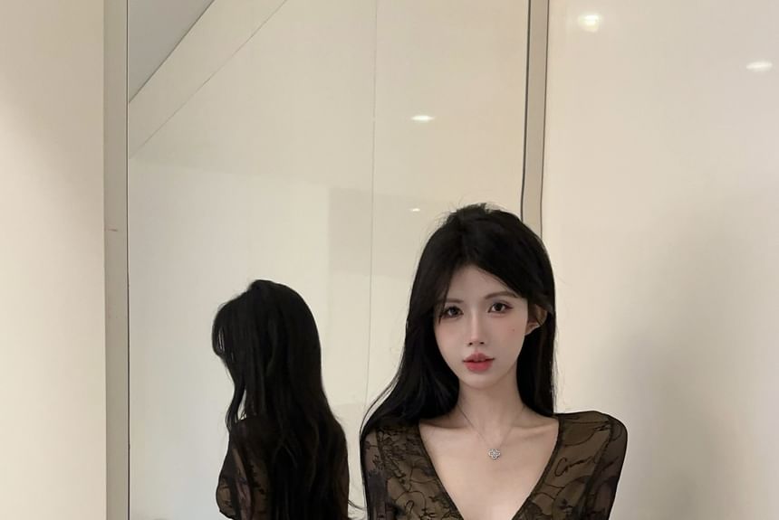 V-Neck Lace Top with Pencil Skirt
