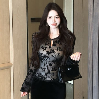 Lace Panel Long Sleeve Tee with A-Line Midi Skirt