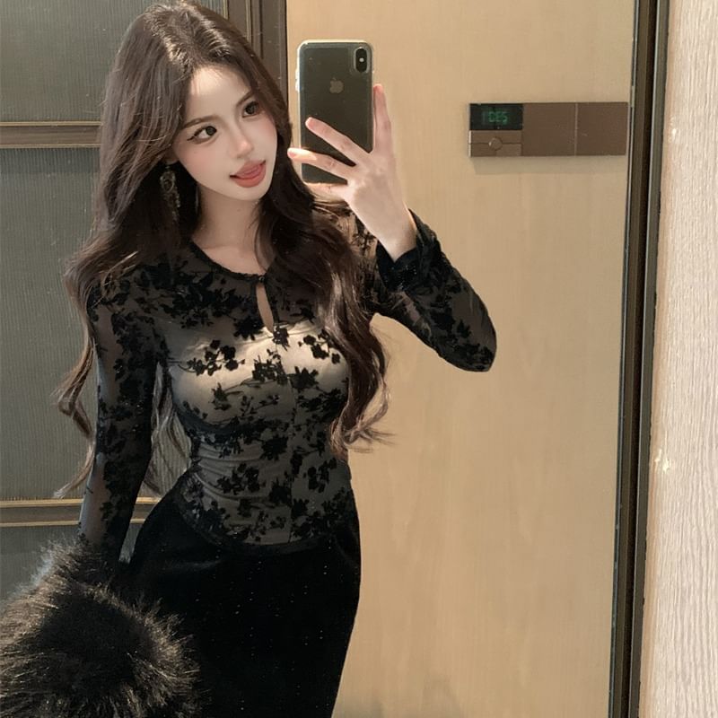 Lace Panel Long Sleeve Tee with A-Line Midi Skirt