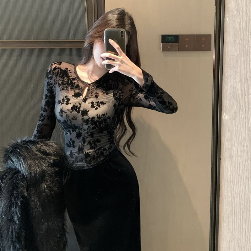 Lace Panel Long Sleeve Tee with A-Line Midi Skirt