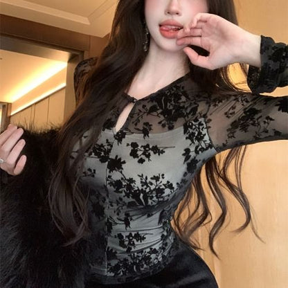 Lace Panel Long Sleeve Tee with A-Line Midi Skirt