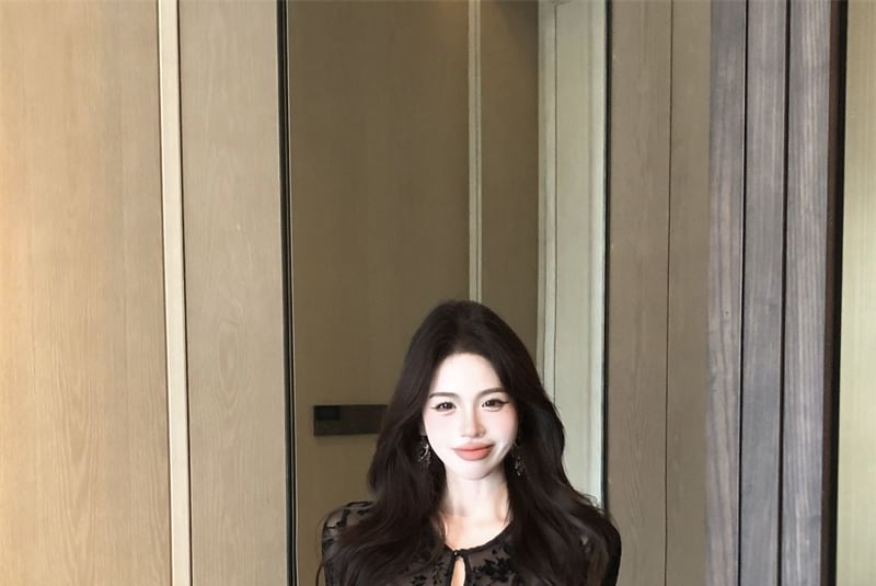Lace Panel Long Sleeve Tee with A-Line Midi Skirt