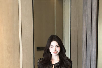 Lace Panel Long Sleeve Tee with A-Line Midi Skirt