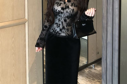Lace Panel Long Sleeve Tee with A-Line Midi Skirt