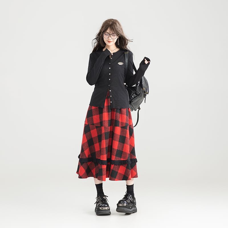 Gingham Lace Trim Midi Skirt