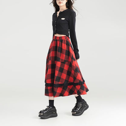 Gingham Lace Trim Midi Skirt