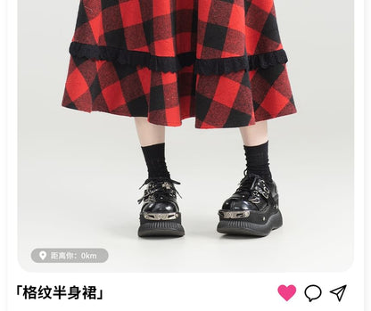 Gingham Lace Trim Midi Skirt