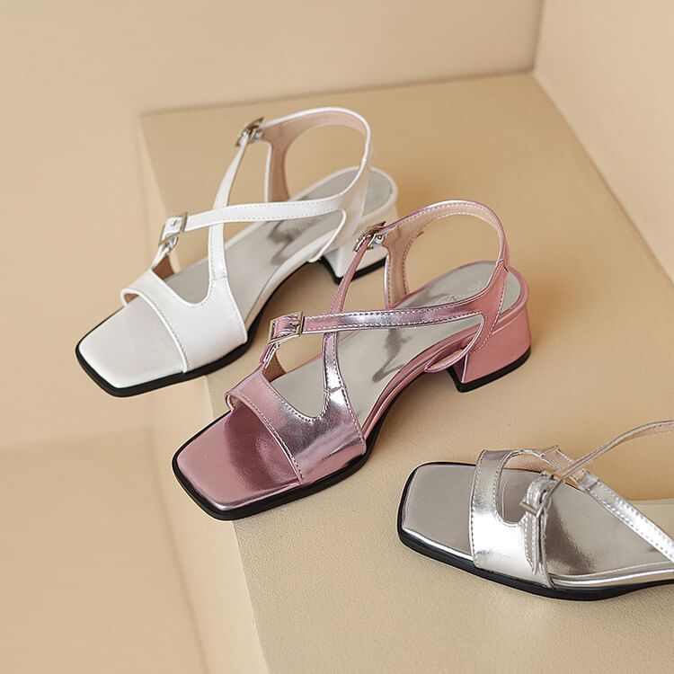 Chunky Heel Square Toe Metallic Slingback Sandals