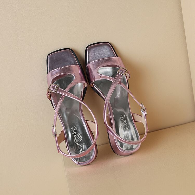 Chunky Heel Square Toe Metallic Slingback Sandals