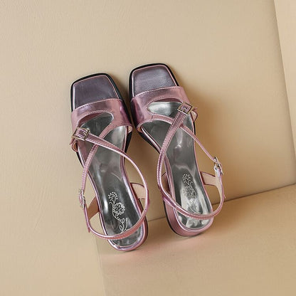Chunky Heel Square Toe Metallic Slingback Sandals