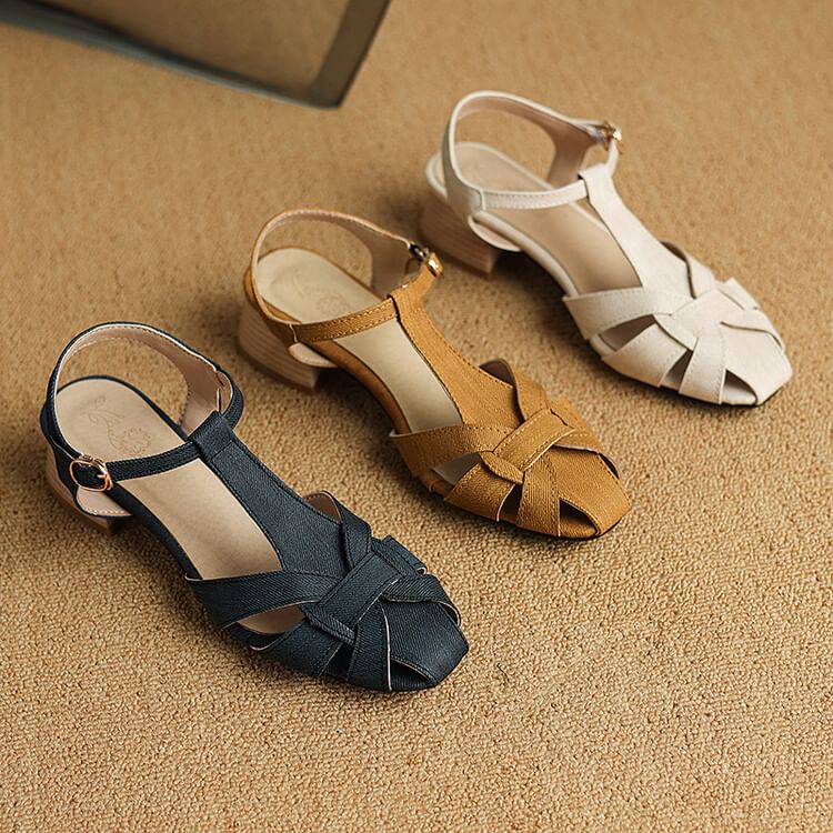 Chunky Heel Plain Slingback Sandals