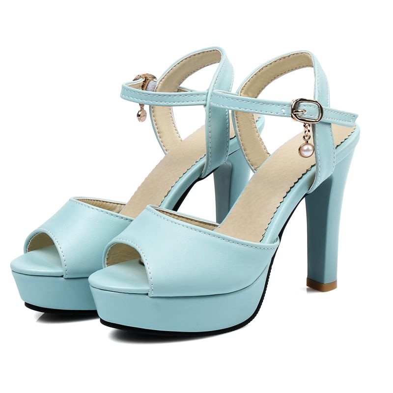 Peep Toe Faux Pearl Platform Chunky Heel Sandals