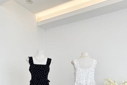 Polka Dot Maxi Dress Ruffled Trim Thin Straps