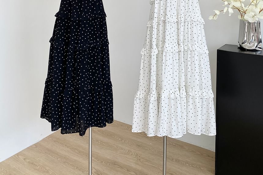 Polka Dot Maxi Dress Ruffled Trim Thin Straps