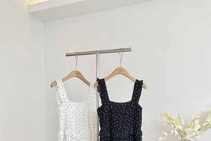 Polka Dot Maxi Dress Ruffled Trim Thin Straps