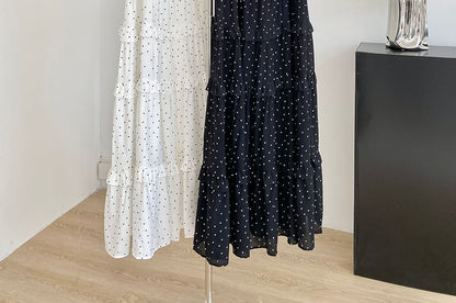 Polka Dot Maxi Dress Ruffled Trim Thin Straps