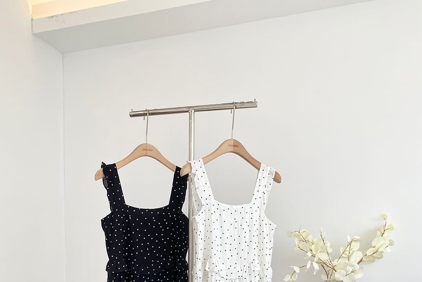 Polka Dot Maxi Dress Ruffled Trim Thin Straps