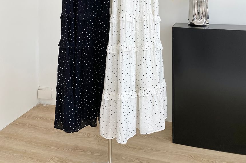 Polka Dot Maxi Dress Ruffled Trim Thin Straps