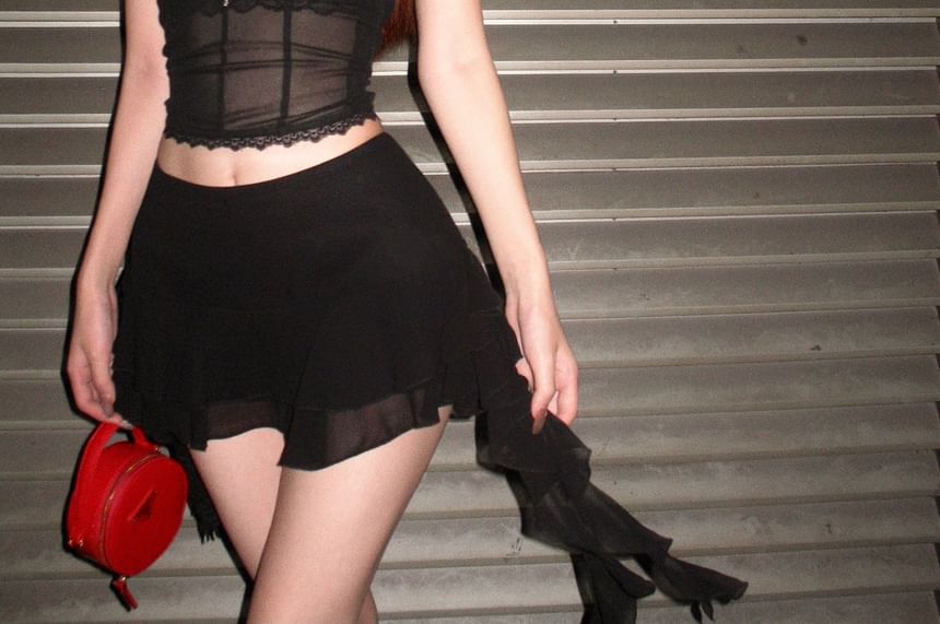 Lace Crop Blouse with Mini Skirt & Bra Set