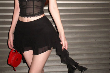 Lace Crop Blouse with Mini Skirt & Bra Set