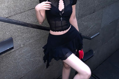 Lace Crop Blouse with Mini Skirt & Bra Set