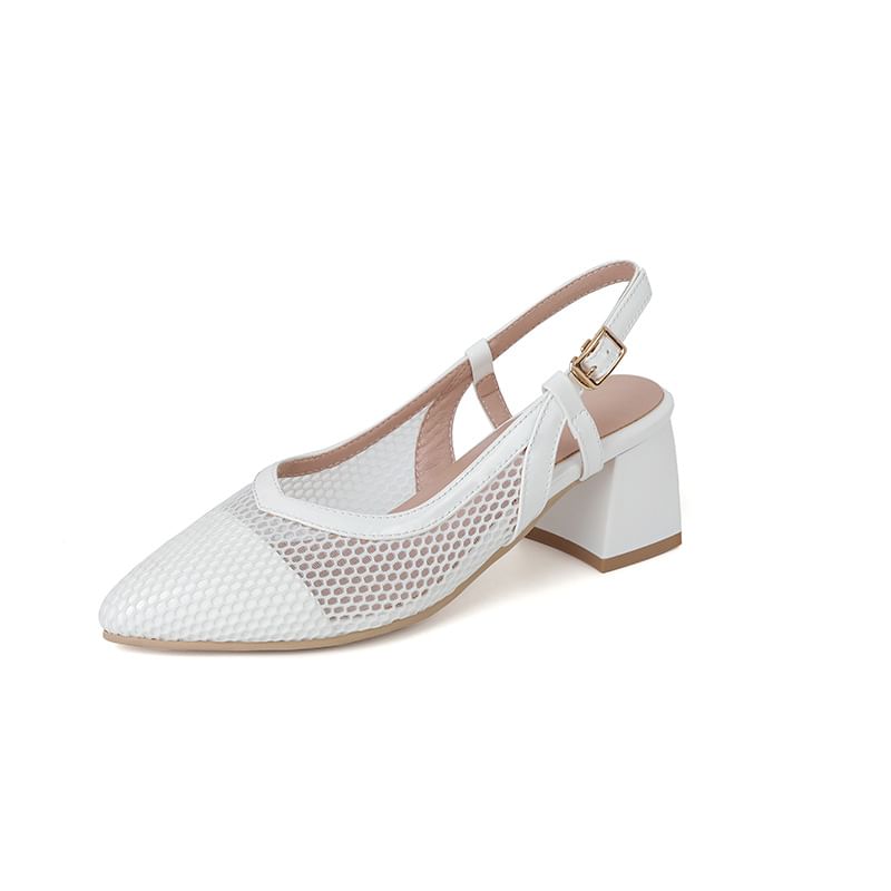 Chunky Heel Pointed Toe Mesh Slingback Sandals