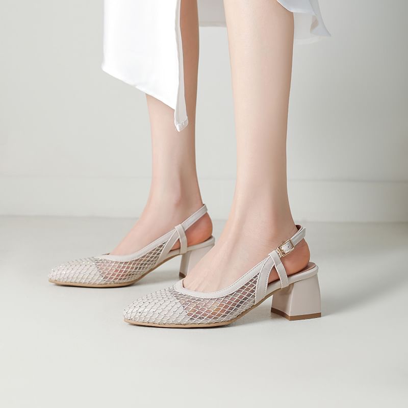 Chunky Heel Pointed Toe Rhinestone Mesh Slingback Sandals