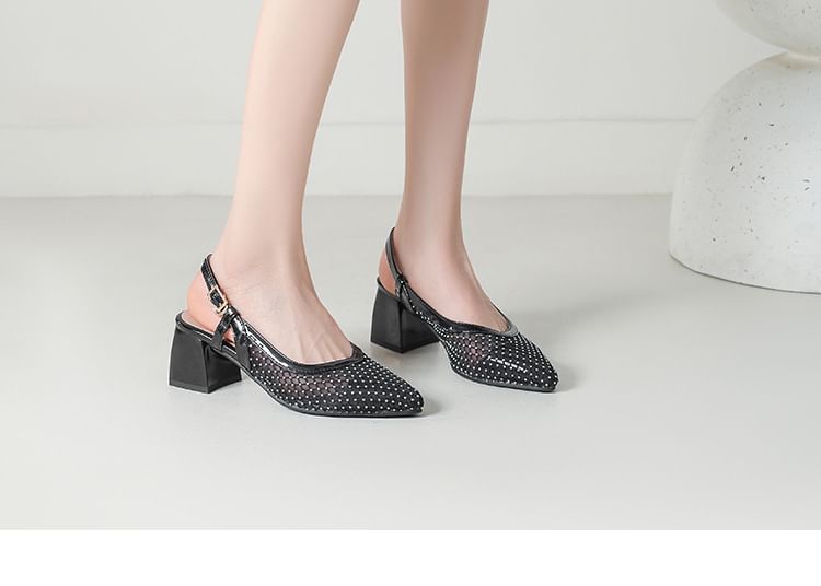Chunky Heel Pointed Toe Rhinestone Mesh Slingback Sandals