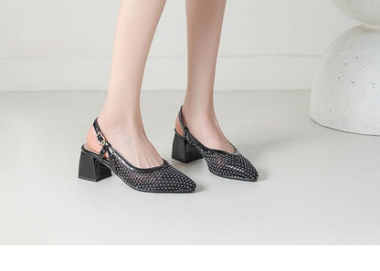 Chunky Heel Pointed Toe Rhinestone Mesh Slingback Sandals