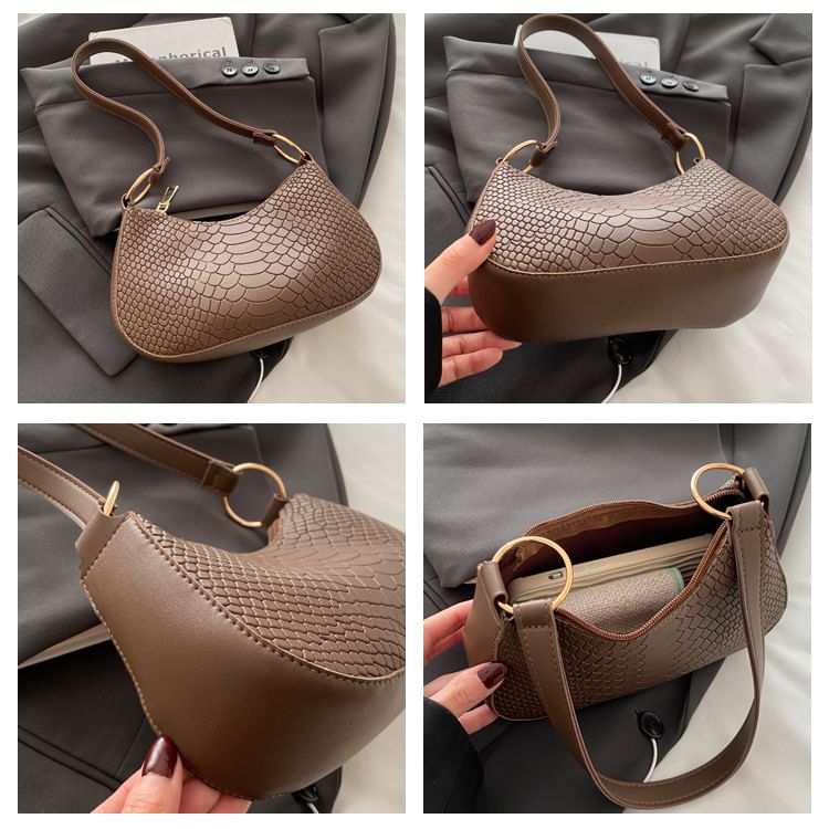 Crocodile Grain Faux Leather Shoulder Bag