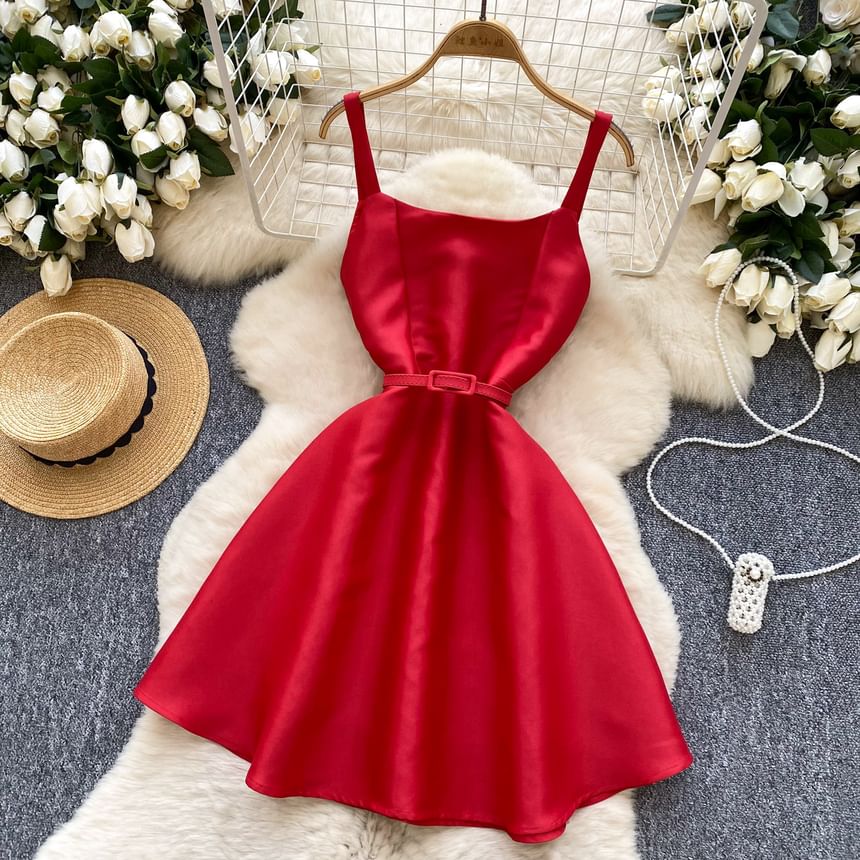 Plain Mini A-Line Dress with Spaghetti Straps