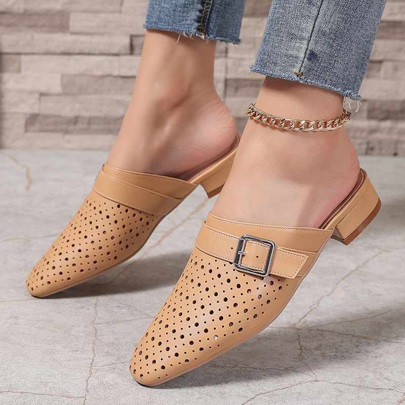 Low Heel Plain Perforated Buckled Faux Leather Mules
