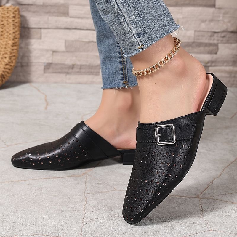 Low Heel Plain Perforated Buckled Faux Leather Mules