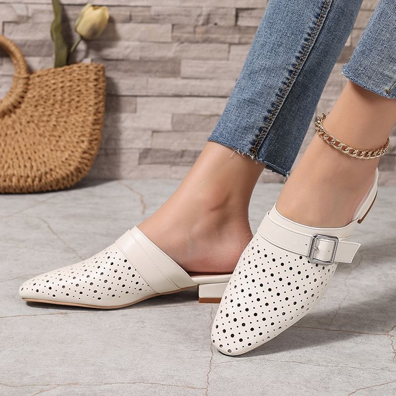 Low Heel Plain Perforated Buckled Faux Leather Mules