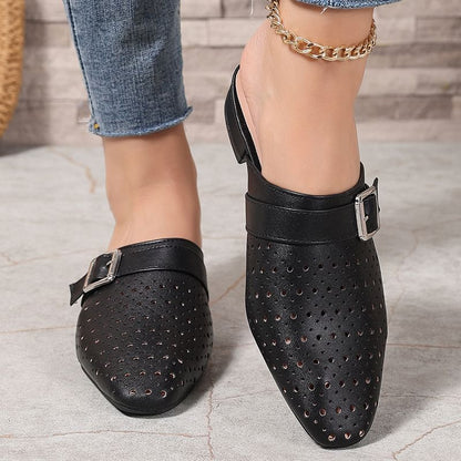 Low Heel Plain Perforated Buckled Faux Leather Mules
