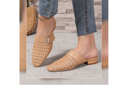 Low Heel Plain Perforated Buckled Faux Leather Mules