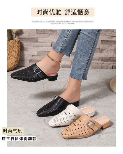 Low Heel Plain Perforated Buckled Faux Leather Mules