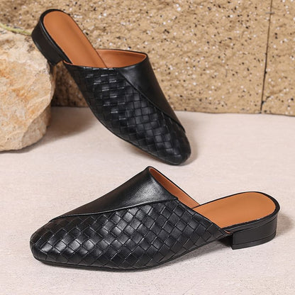 Low Heel Plain Woven Panel Faux Leather Mules