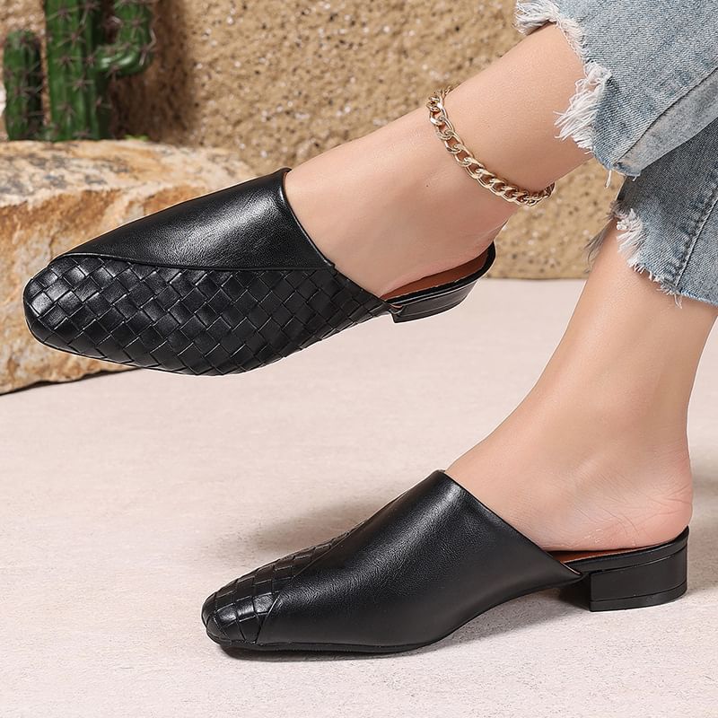 Low Heel Plain Woven Panel Faux Leather Mules