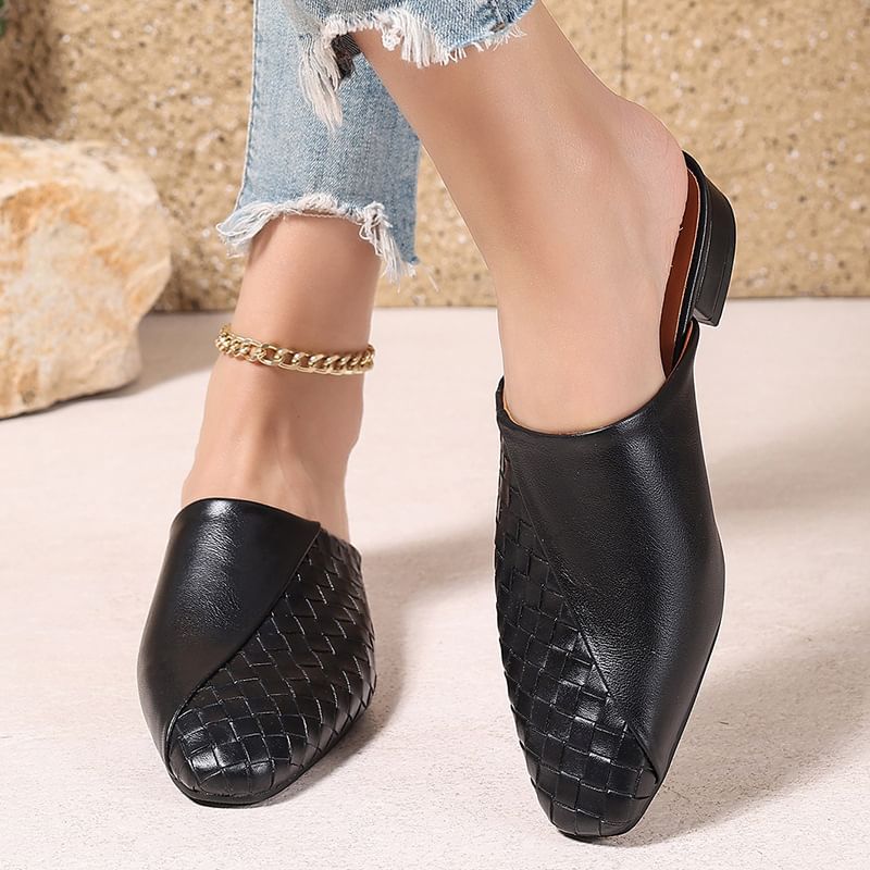 Low Heel Plain Woven Panel Faux Leather Mules
