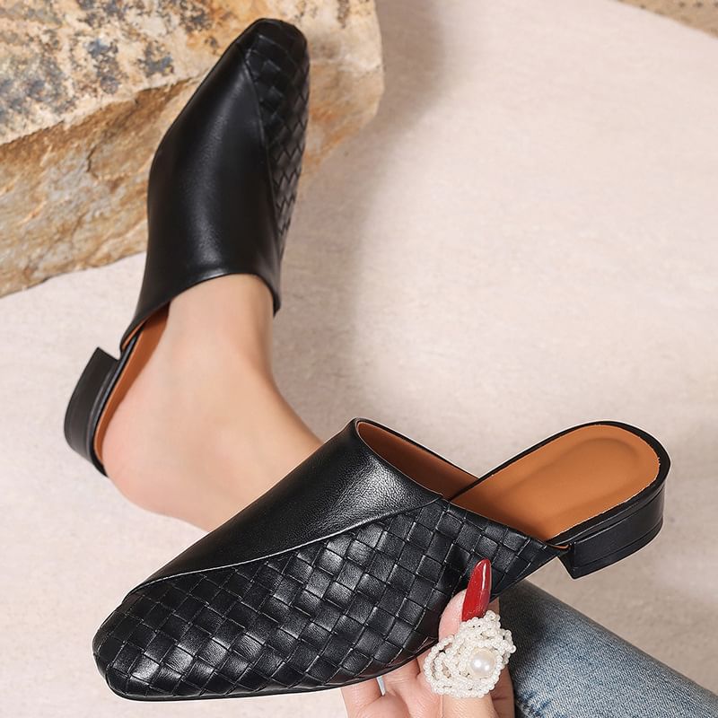 Low Heel Plain Woven Panel Faux Leather Mules
