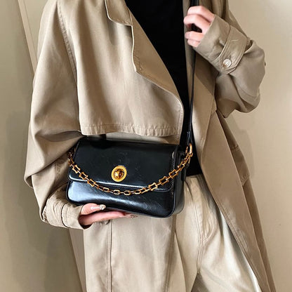 Chain Strap Plain Faux Leather Flap Shoulder Bag