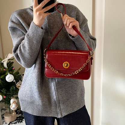 Chain Strap Plain Faux Leather Flap Shoulder Bag