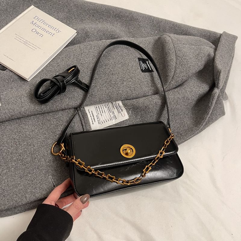 Chain Strap Plain Faux Leather Flap Shoulder Bag